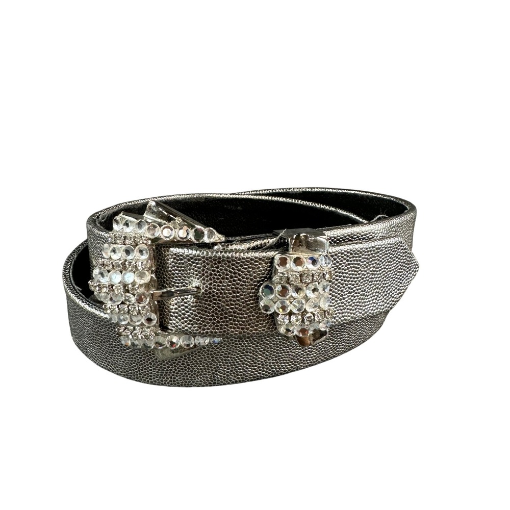 Salena's Collection Silver Metallic Rhinestone Western Buckle Belt Y2K 34.5in